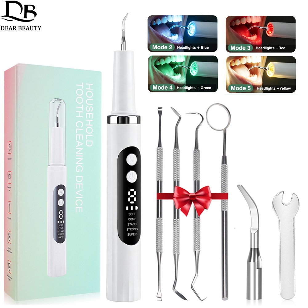 Teeth Whitening Kit Professional - เครื่องทำความสะอาดฟันไฟฟ้า เครื่องขูดหินปูนอัลตราโซนิก พร้อมไฟ LED 5 ดวง