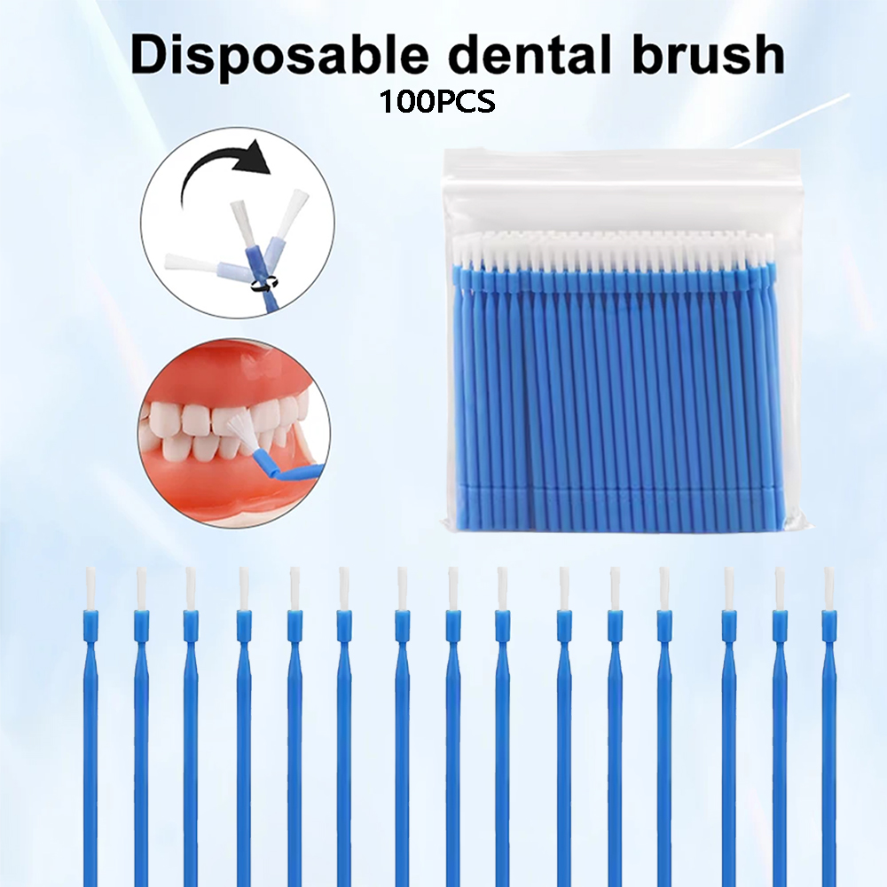 Teeth Whitening Kit Professional - แปรงไมโครแบบใช้แล้วทิ้งสำหรับทันตกรรม 100 ชิ้น แปรงด้ามยาวแบบโค้งงอได้ สำหรับฟอกสีฟัน ทำความสะอาดช่องปาก