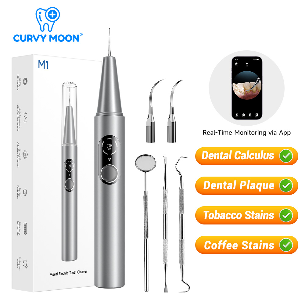 Teeth Whitening Kit Professional - CURVY MOON เครื่องทำความสะอาดฟันด้วยคลื่นอัลตราโซนิกแบบไฟฟ้าพร้อมกล้อง กำจัดคราบหินปูน เครื่องมือทำความสะอาดคราบฟัน การดูแลฟันขาว
