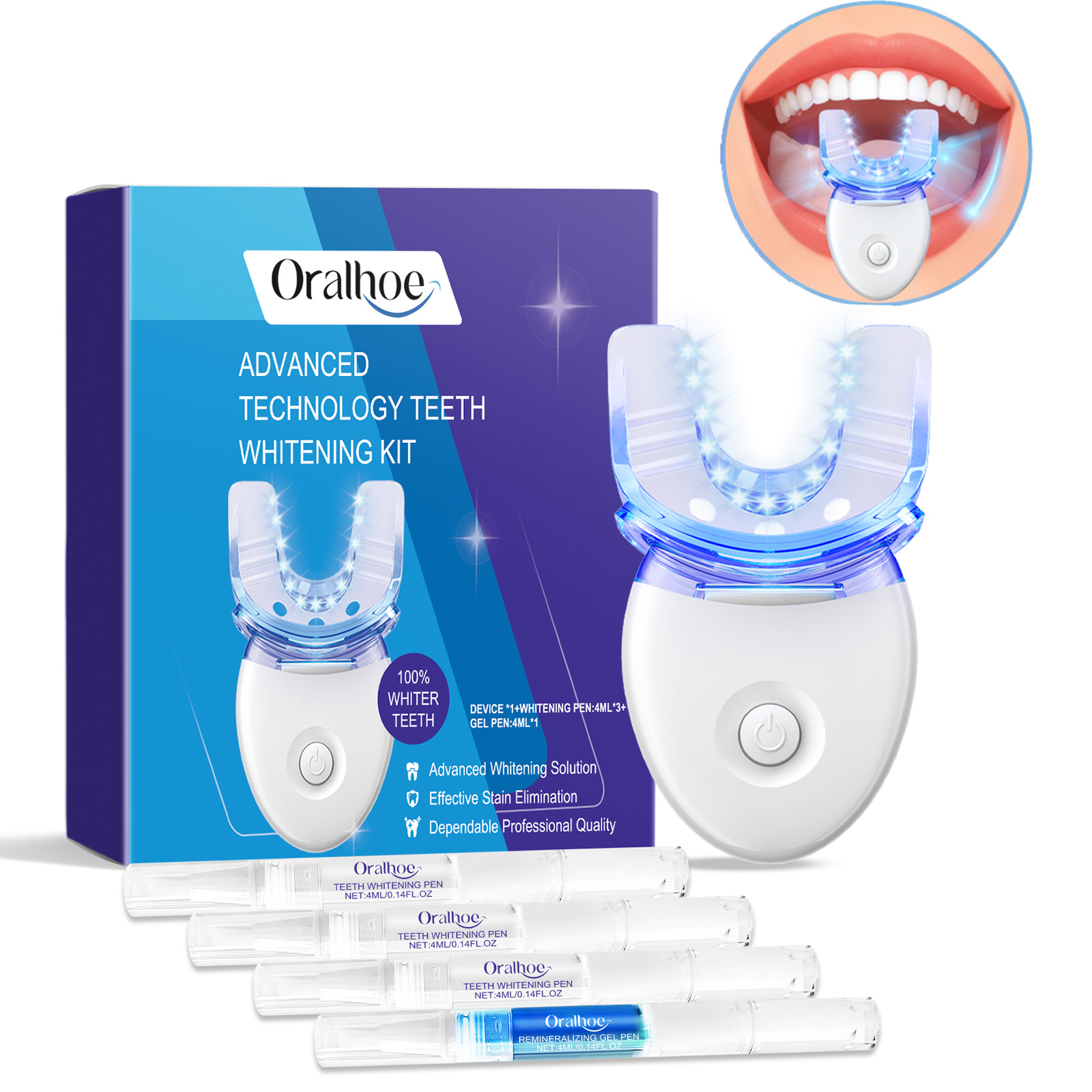 Teeth Whitening From Home - ชุดอุปกรณ์ฟอกสีฟันแบบมืออาชีพด้วยแสง LED พร้อมเจลฟอกสีฟัน 4 เท่า ระบบเร่งการฟอกสีฟันด้วยแสงสีฟ้า
